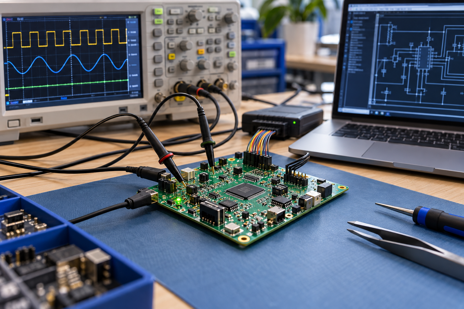 Illustration of a prototype circuit board on an engineering bench with an oscilloscope and schematic display