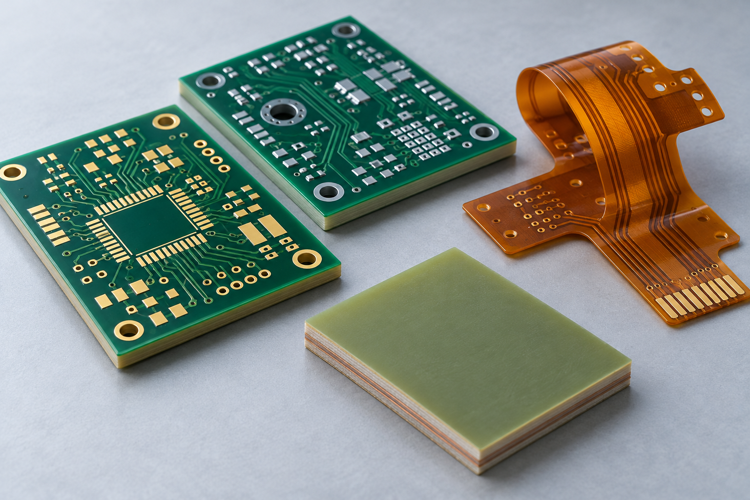 Illustrative rigid and flexible PCB samples showing gold and silver pads beside laminate material