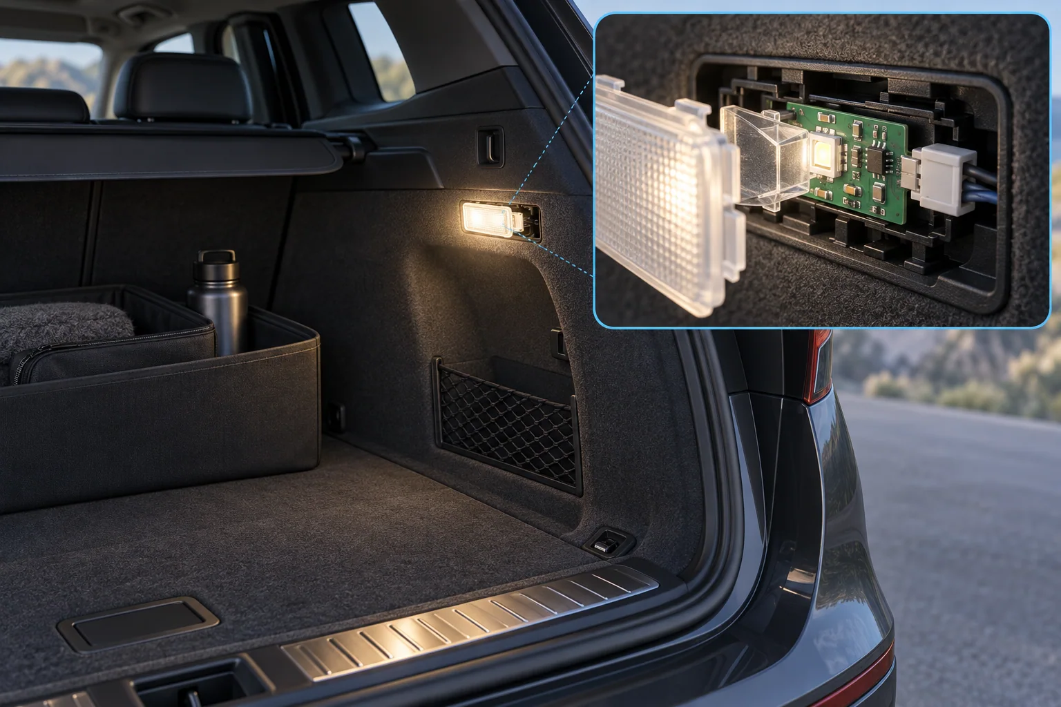 Passenger car cargo courtesy light opened to show its small LED PCBA, light guide and connector