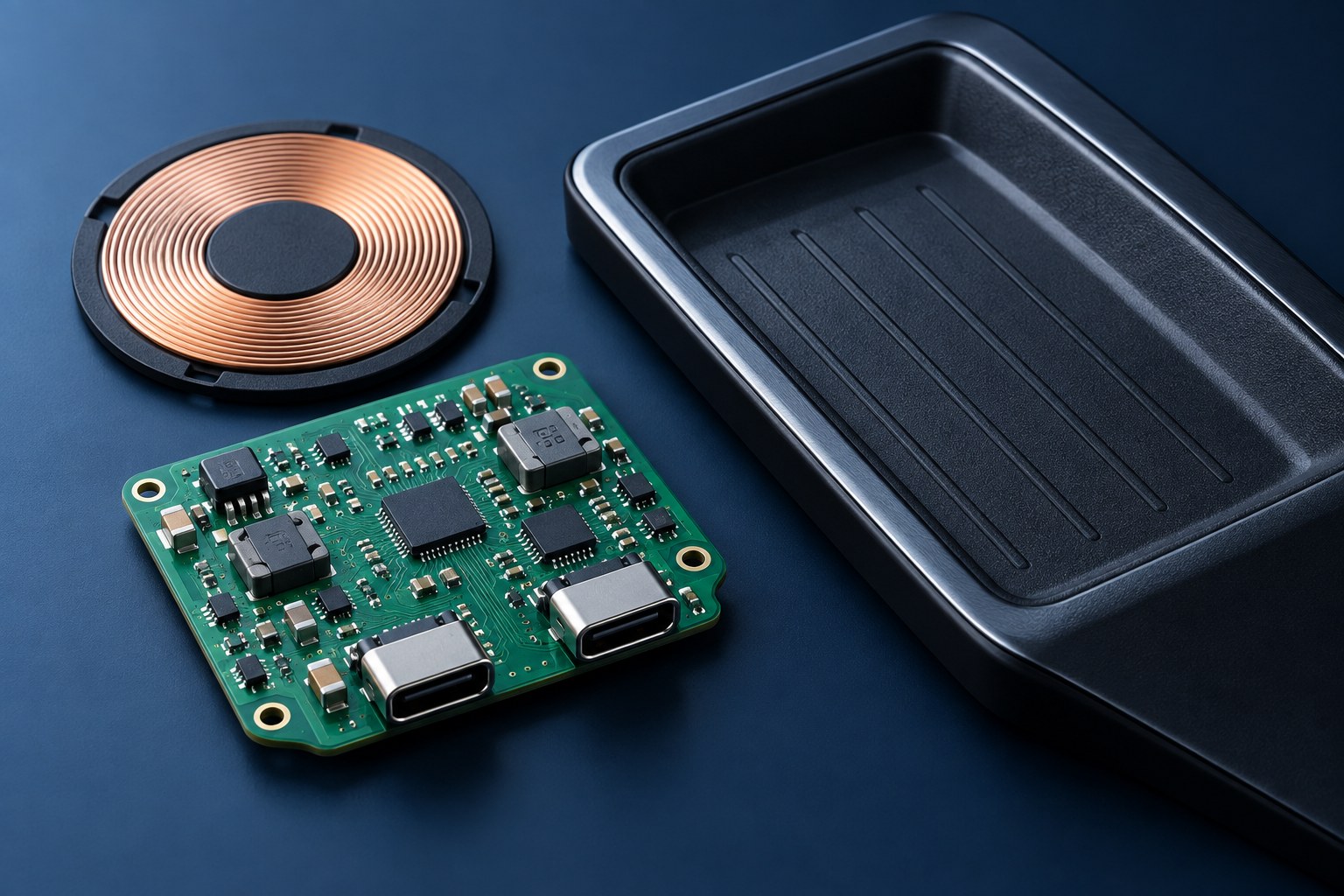 Conceptual accessory USB charging board and wireless charging coil