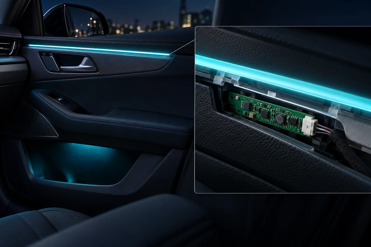 Passenger door ambient lighting with a cutaway close-up of the decorative LED driver PCBA and connector