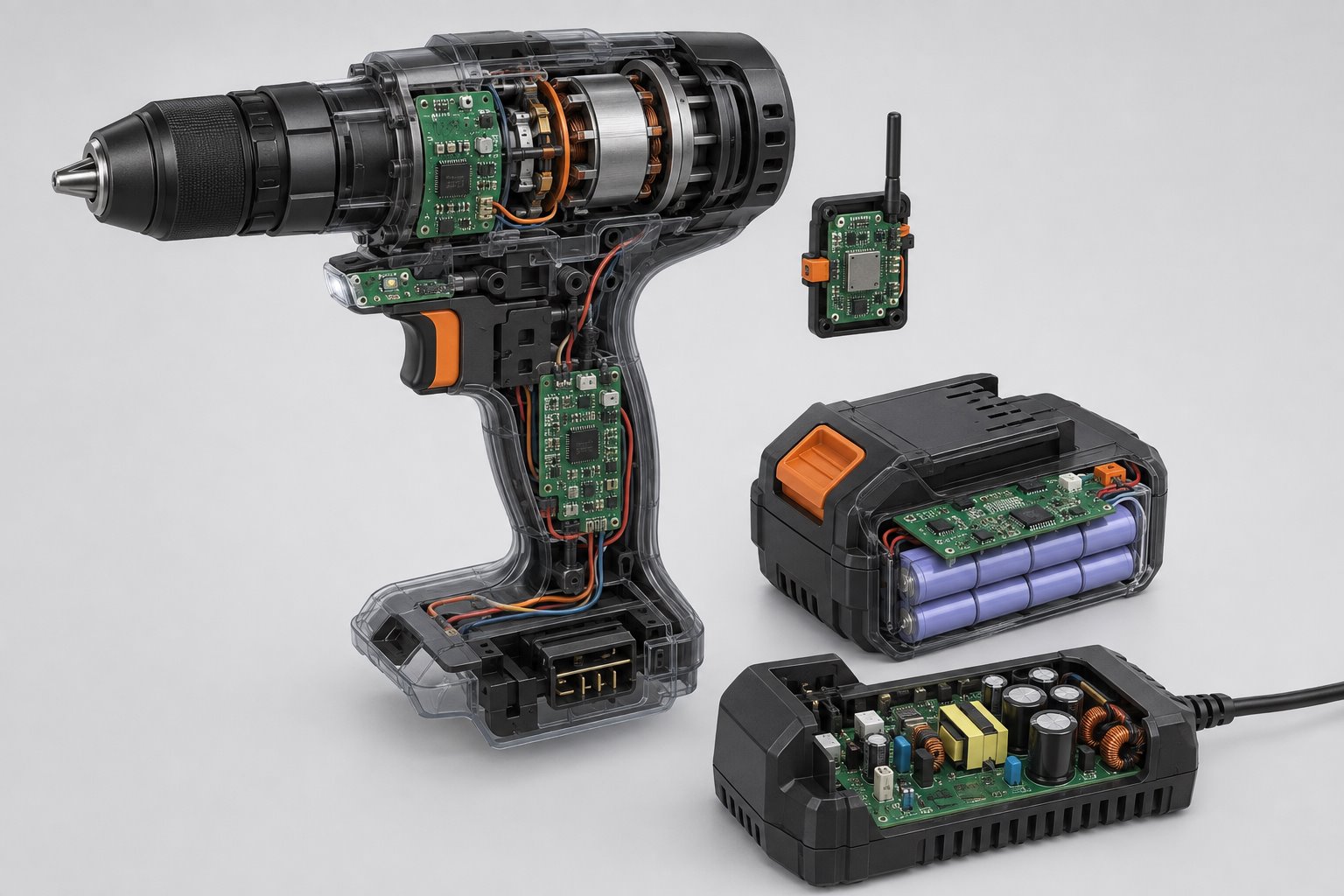 Cutaway cordless drill showing motor control trigger battery BMS charger and wireless PCB assemblies
