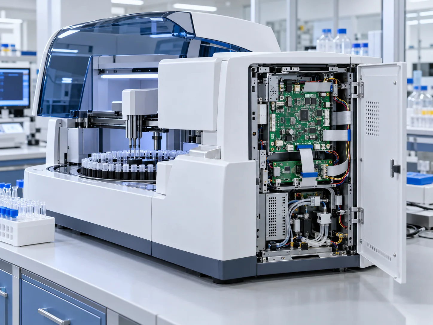Laboratory analyzer with its controller PCB visible