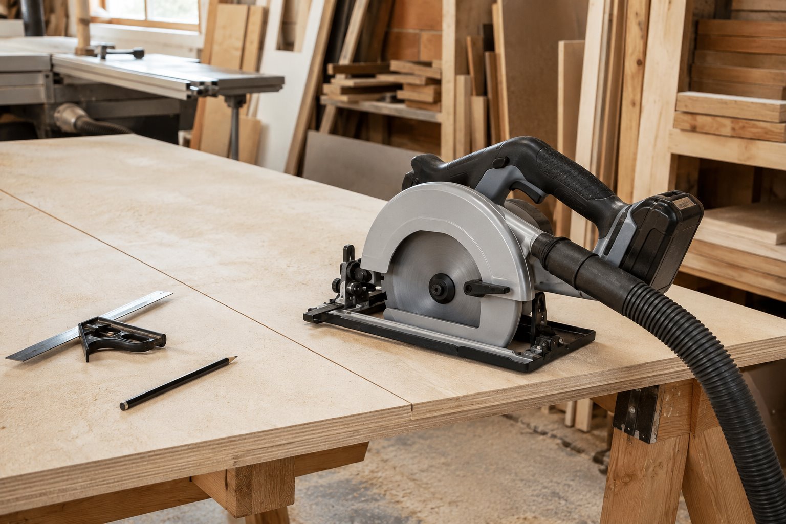 Cordless circular saw on a woodworking bench with dust extraction