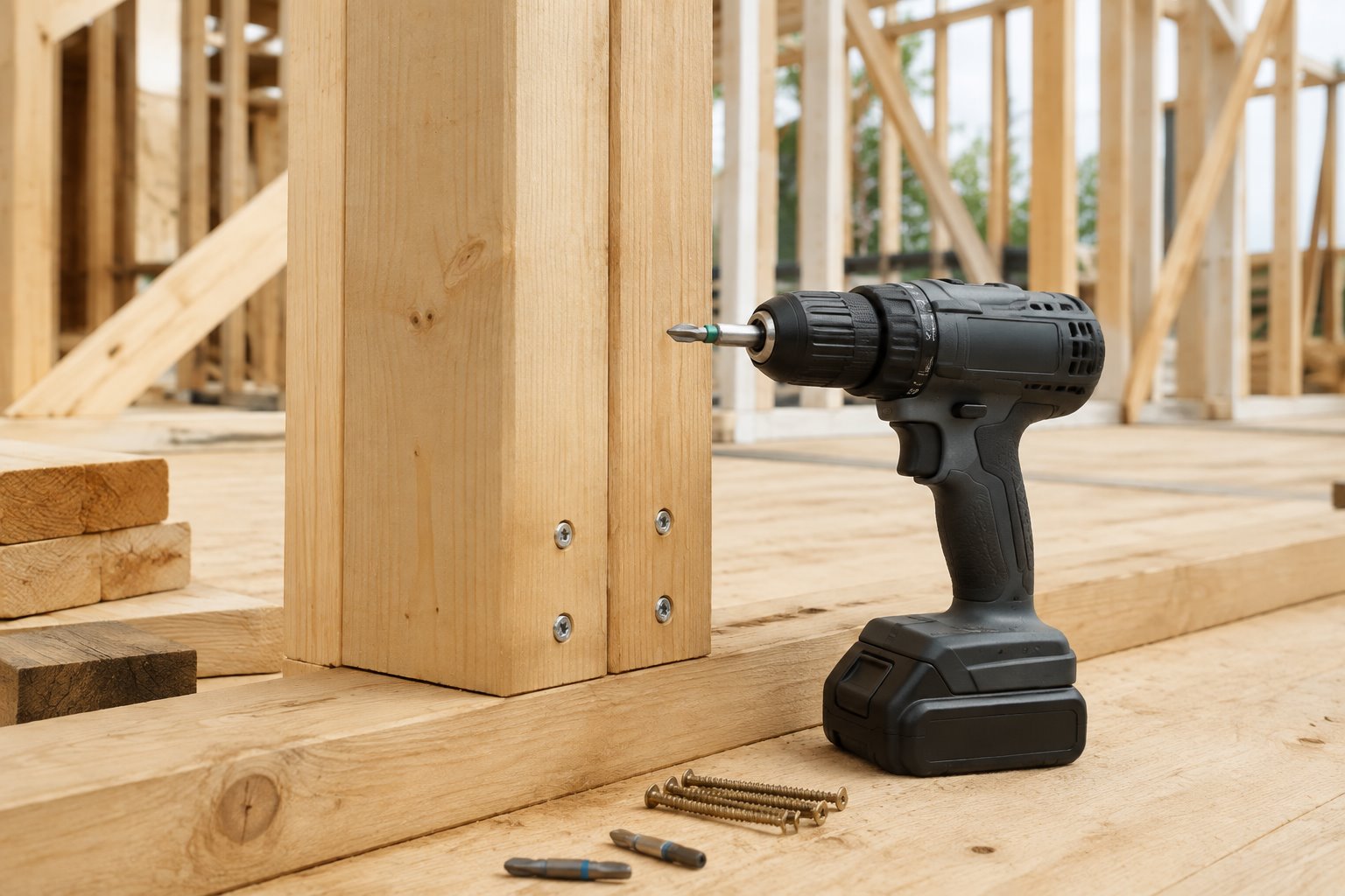 Cordless drill driver at a timber framing jobsite