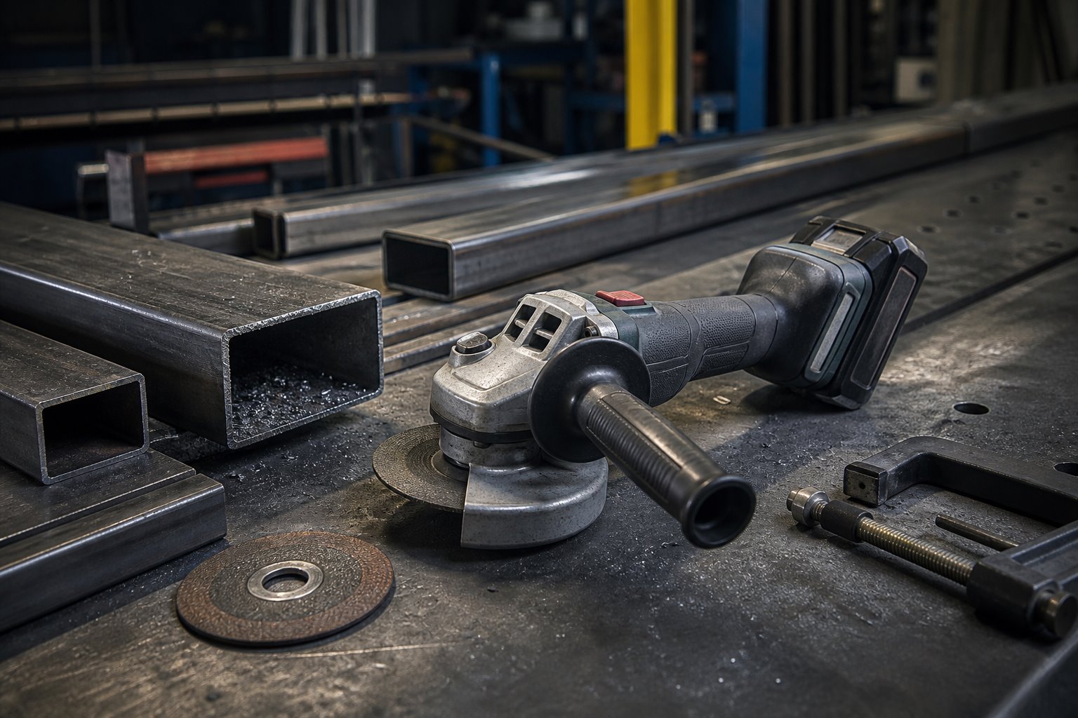 Cordless angle grinder on a metal fabrication workbench