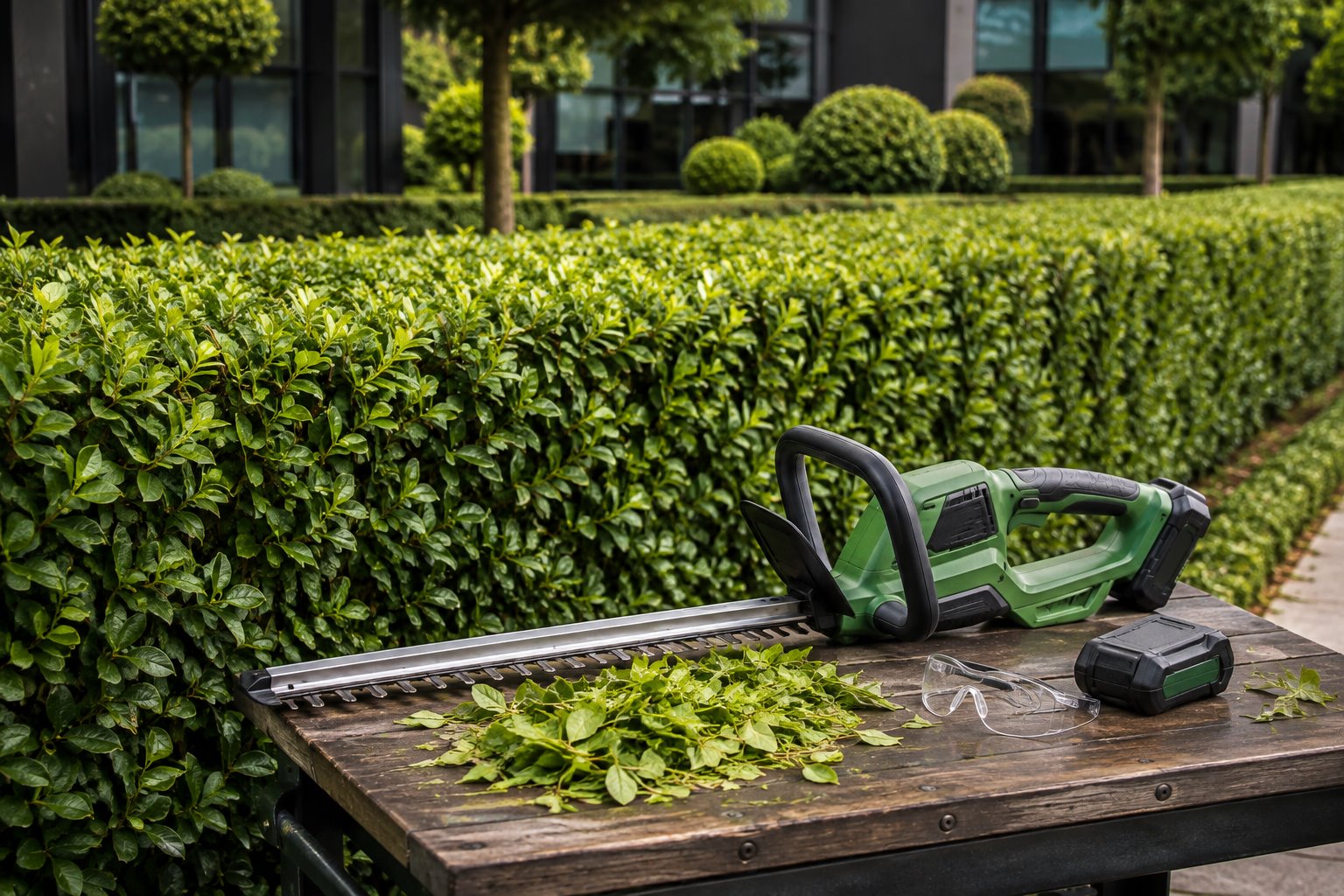 Cordless hedge trimmer at a commercial garden maintenance site