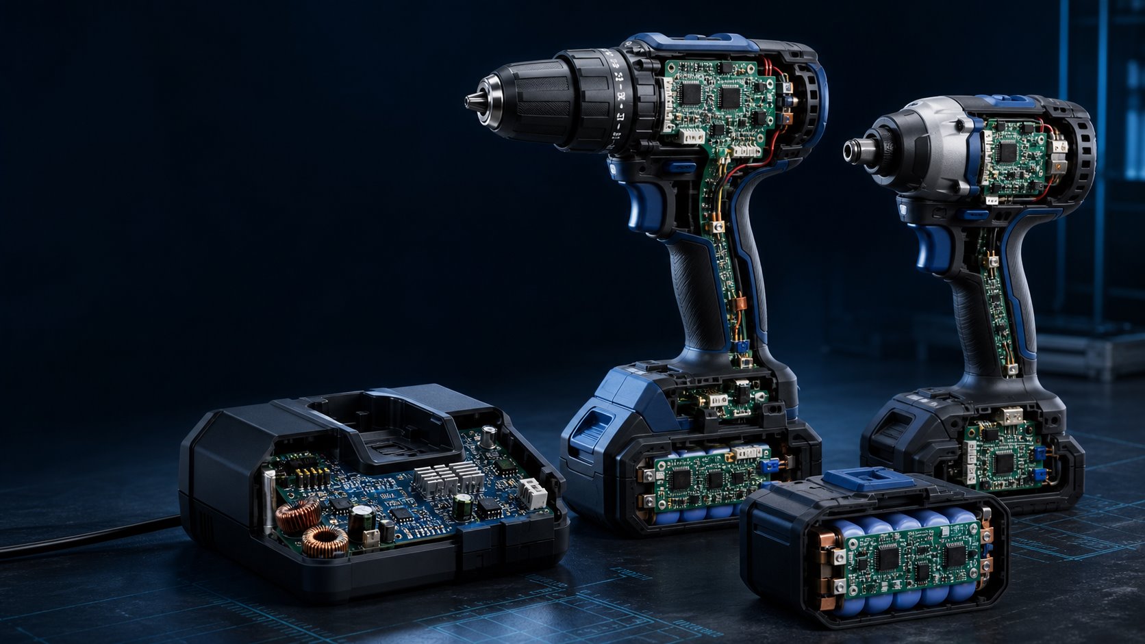 Cordless power tool PCBA assemblies for motor control battery management and charging