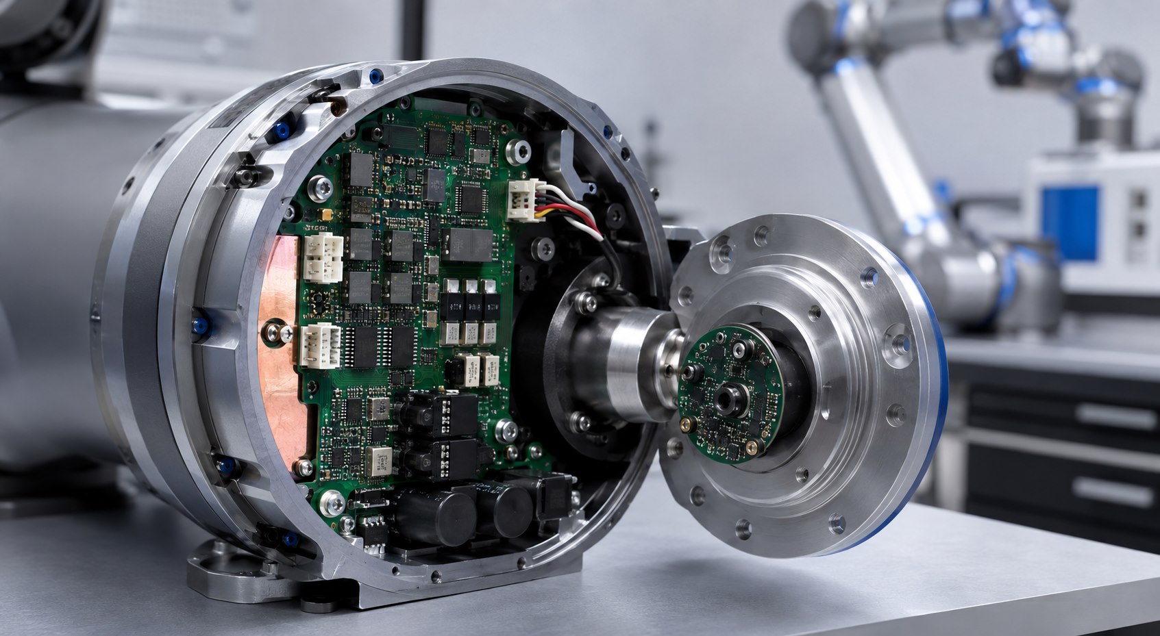 Servo drive and encoder PCB assemblies inside an industrial robot joint