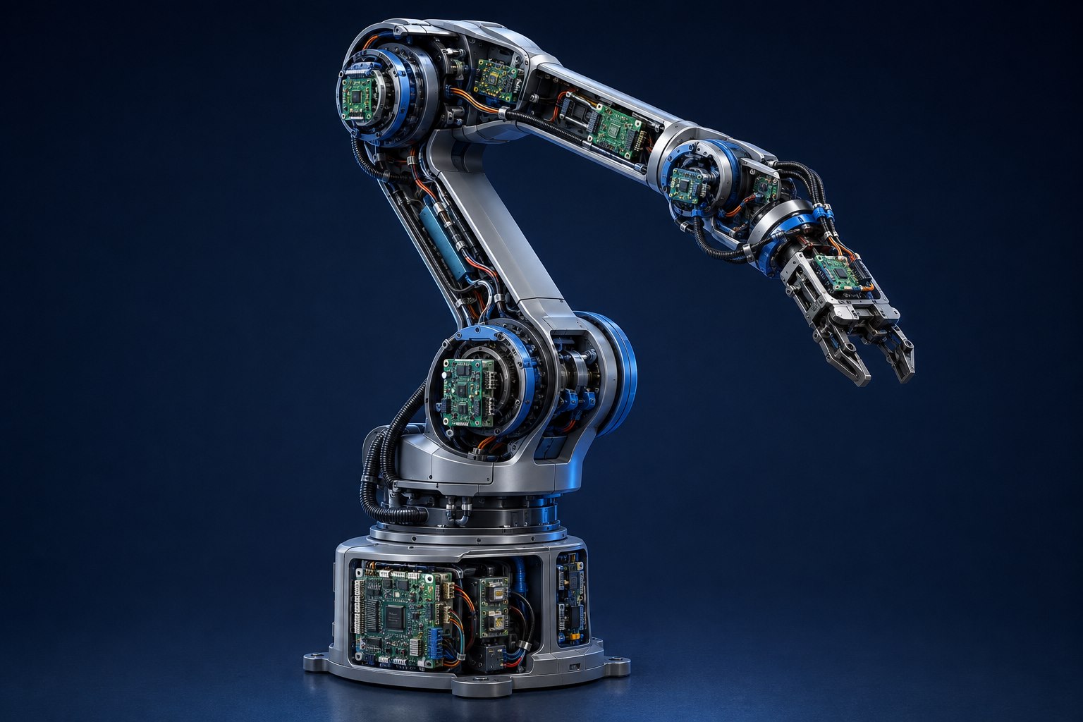 Cutaway industrial robotic arm showing PCB assemblies in the base, joints, wrist and gripper