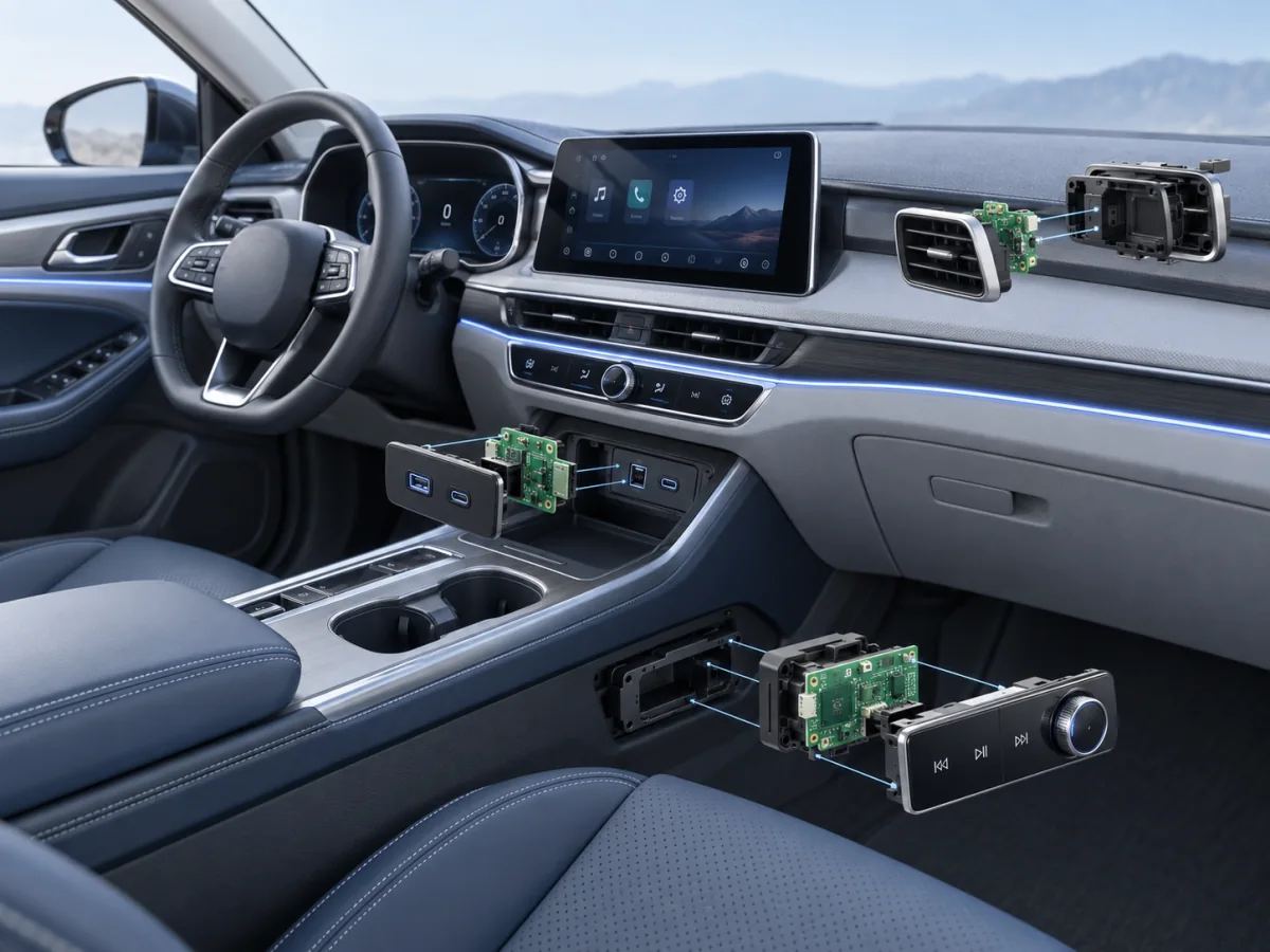 Passenger-cabin lighting, charging and audio electronics · concept illustration
