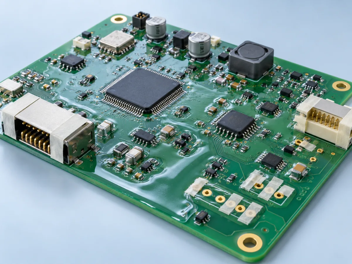 Selective PCB coating with protected contacts and test points · concept illustration