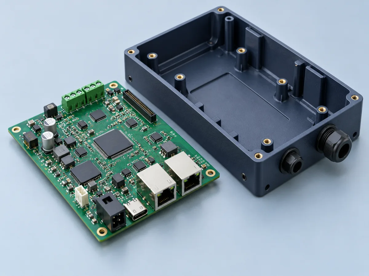 PCB mounting, connectors and enclosure for DFMA review · concept illustration